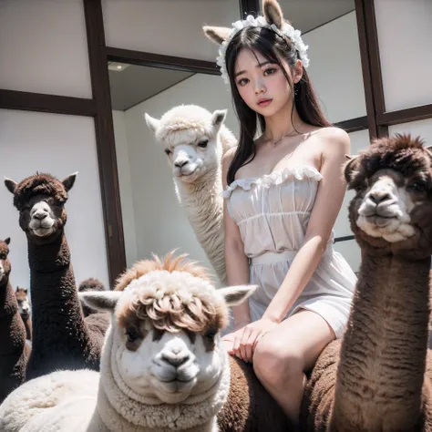 (8K、RAW Photos、top-quality、​masterpiece:1.5)、(realisitic、Photorealsitic:1.5)、ultra-detailliert、超A high resolution、lighting like a movie、(((Idols who love alpacas)))、(((Japan 16 year old girls)))、(((Wearing a cute costume with an alpaca motif)))、(Lots of al...