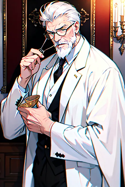 The male，A old man，Handsome，Rich，Silver-white suit，With antique glasses，mature，White beard，white color hair