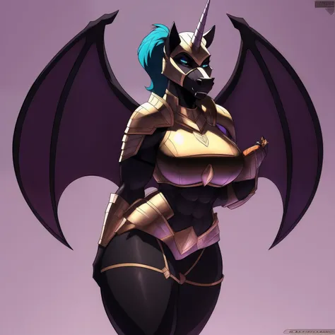 muscular_mature_horse female faded_dark_purple_mane ponytail black_furry_body teal_eyes cat_eyes solo Masterpiece best_quality absurdres highly_detailed cleanly_drawn_eyes heavy_plate_armor fangs bat_wings heavy_helmet purple_eyeshadow long_black_unicorn_h...