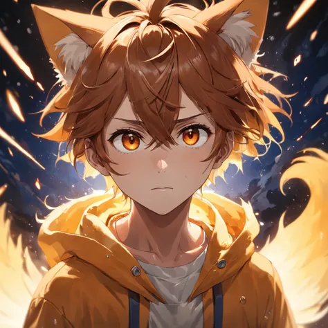 (((tmasterpiece)))，Highest image quality，hyper HD，Extremely detailed CG unity 8k wallpaper，best illustration，Exceptionally delicate and beautiful，afloat，A high resolution，dynamic angle，dynamicposes，1 boy，Reddish-brown eyes，Yellow sweatshirt，Golden fox ears...