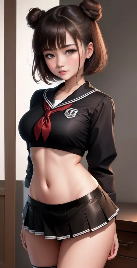 (30 year old woman:1.1), ([chinese::American]:0.5), (medium breasts:1.2), (bangs, short_hair, brown hair, two buns, small locks), white & black sailor uniform, half sleeve, mini skirt, black skirt, stockings, slender body, large pelvis, navel peak, narrow ...