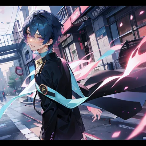 male character, animesque, Popular characters, Official Visual, Detailed artwork, Dynamic Angle, Beautiful visuals, fullllbody, bromide, 1boy, pixiv popularity, fanart, Navy blue hair, Pink eyes, Outer hair 1:3, Medium Hair, Bundled hair, Beautiful young m...