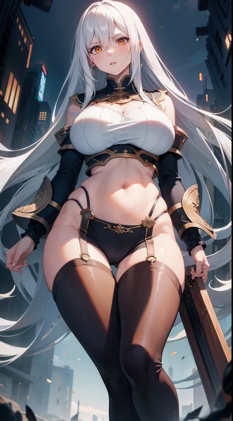 Adult woman, Long white hair, Orange Eyes, big breastes, open breasts, open belly, blue tight top, Iron sleeves, Iron boots, open thighs, brawn, anger, Masterpiece, hiquality