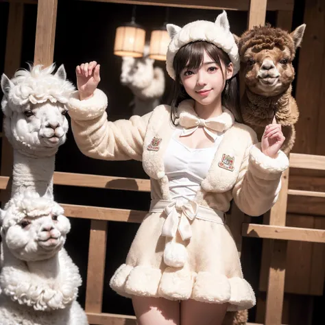 (8K、RAW Photos、top-quality、​masterpiece:1.5)、(realisitic、Photorealsitic:1.5)、ultra-detailliert、超A high resolution、lighting like a movie、(((Idols who love alpacas)))、(((Japan 16 year old girls)))、(((Wearing a cute costume with an alpaca motif)))、(Lots of al...