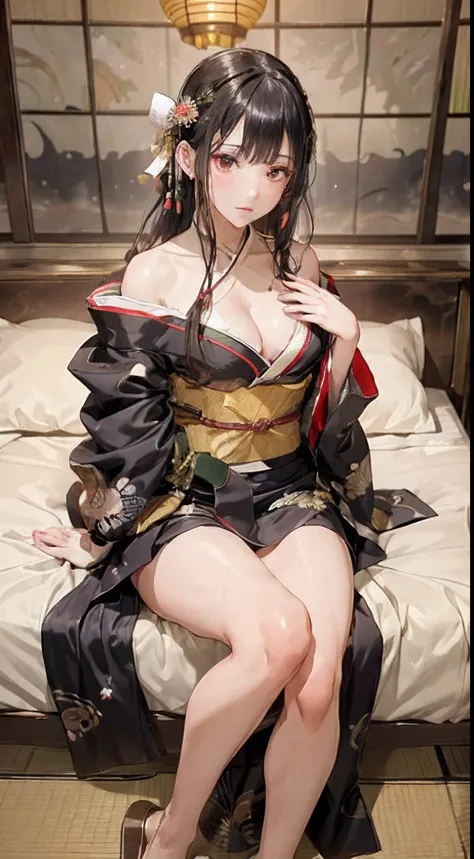 (花魁:1.4)、1girl in,Black hair fringe long hair、Braided hair、disheveled hair、Light brown eyes、(Detailed and well-proportioned eyes:1.4)、(Extraordinary beauty)、(dignified expression)、(Traditional kimono with colorful and shiny luxury Japan:1.4)、(爆乳:1.4)、(Phot...
