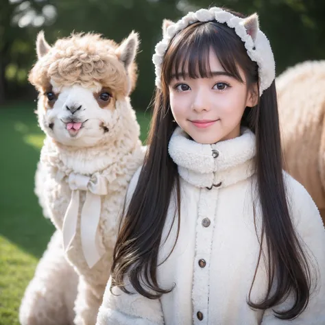 (8K、RAW Photos、top-quality、​masterpiece:1.5)、(realisitic、Photorealsitic:1.5)、ultra-detailliert、超A high resolution、lighting like a movie、(((Idols who love alpacas)))、(((Japan 16 year old girls)))、(((Wearing a cute costume with an alpaca motif)))、(Lots of al...