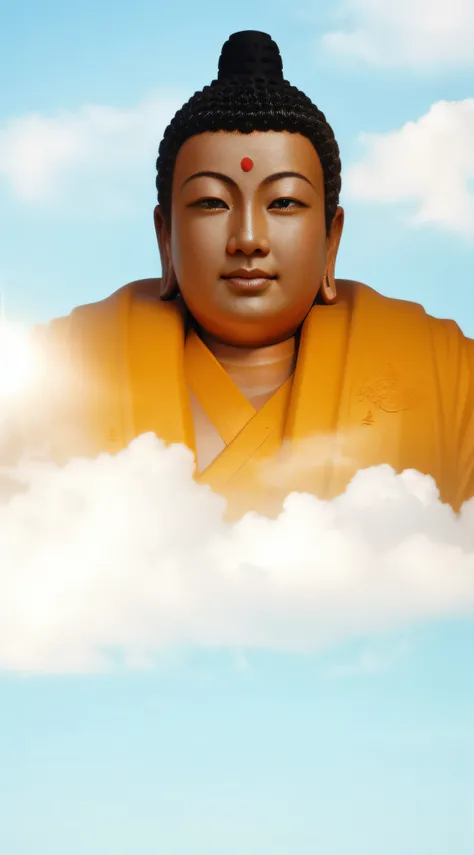 Blue sky and white clouds above，There is a bright sun, Below is the meadow，a Buddhist Buddha, Buddhist, Buddha, beautiful gold saint, Golden face，Golden skin，Buddhism, background-image, enlightening, Cloud, Enlightened, Beautiful image, samsara, Spiritual ...