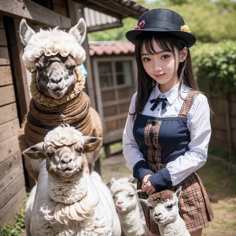 (8K、RAW Photos、top-quality、​masterpiece:1.5)、(realisitic、Photorealsitic:1.5)、ultra-detailliert、超A high resolution、lighting like a movie、(((Idols who love alpacas)))、(((Japan 16 year old girls)))、(((Wearing a cute costume with an alpaca motif)))、(Lots of al...