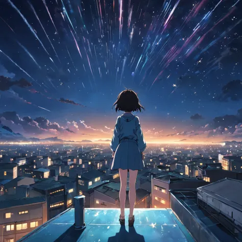 (Masterpiece, Best quality,cinematic Film still from),The girl stood on the rooftop watching the shooting stars,Solo,City center,night,night sky,Starry sky,star,meteor,soft light, Wide- angle view, Nebula, Miyazaki Hayao style, super details