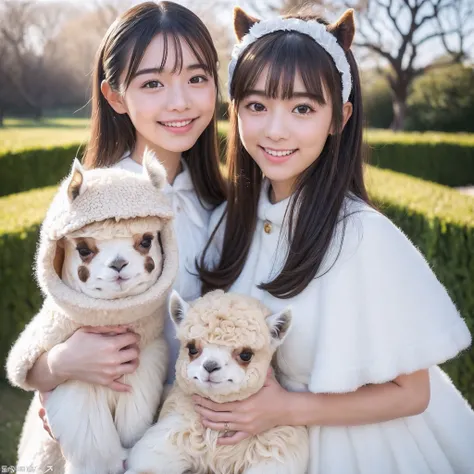 (8K、RAW Photos、top-quality、​masterpiece:1.5)、(realisitic、Photorealsitic:1.5)、ultra-detailliert、超A high resolution、lighting like a movie、(((Idols who love alpacas)))、(((Japan 16 year old girls)))、(((Wearing a cute costume with an alpaca motif)))、(Lots of al...