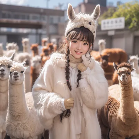 (8K、RAW Photos、top-quality、​masterpiece:1.5)、(realisitic、Photorealsitic:1.5)、ultra-detailliert、超A high resolution、lighting like a movie、(((Idols who love alpacas)))、(((Japan 16 year old girls)))、(((Wearing a cute costume with an alpaca motif)))、(Lots of al...