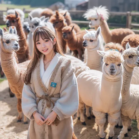 (8K、RAW Photos、top-quality、​masterpiece:1.5)、(realisitic、Photorealsitic:1.5)、ultra-detailliert、超A high resolution、lighting like a movie、(((Idols who love alpacas)))、(((Japan 16 year old girls)))、(((Wearing a cute costume with an alpaca motif)))、(Lots of al...