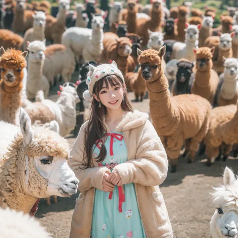 (8K、RAW Photos、top-quality、​masterpiece:1.5)、(realisitic、Photorealsitic:1.5)、ultra-detailliert、超A high resolution、lighting like a movie、(((Idols who love alpacas)))、(((Japan 16 year old girls)))、(((Wearing a cute costume with an alpaca motif)))、(Lots of al...