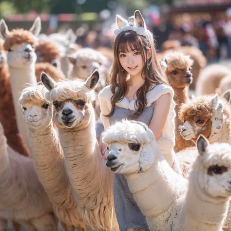 (8K、RAW Photos、top-quality、​masterpiece:1.5)、(realisitic、Photorealsitic:1.5)、ultra-detailliert、超A high resolution、lighting like a movie、(((Idols who love alpacas)))、(((Japan 16 year old girls)))、(((Wearing a cute costume with an alpaca motif)))、(Lots of al...