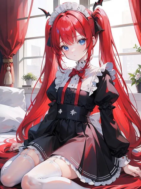 red hair,blue eyes,twintails,maid, long hair, long sleeves, gothic, solo, loli,Short skirt, white stockings,{{best quality}}, {{masterpiece}}, {{ultra-detailed}}, {illustration}, {detailed light}, {an extremely delicate and beautiful},little girl,cute,drag...