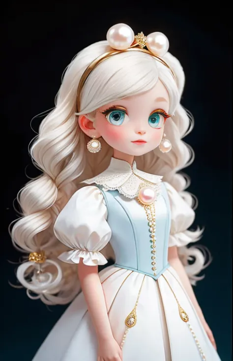 Woman with golden eyes, platinum hair girl, pearl brooch in hair, Beautiful woman, White Victorian dress with white ties, Details with white frills on the dress,Light Summer Victorian Dress, lace collar with a Sky Blue ribbon on the neck , 18 year old girl...