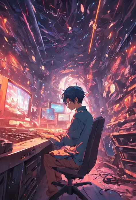 a man playing on his computer in his room,(extremely detailed photo),(((Best Quality))), ((Ultra-detailed)),8k