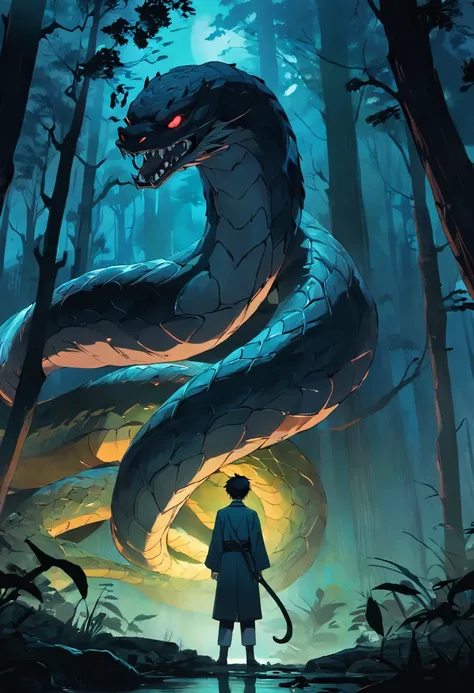 of a guy，Holding a snake in his hand，In the forest，Eerie light，Dark night，high high quality，fog atmosphere，(Chinese folk suspense supernatural comic book style),High detail, Sharp focus, Dramatic，The art of painting by Midway and Greg Rutkovsky, Bokeh on t...