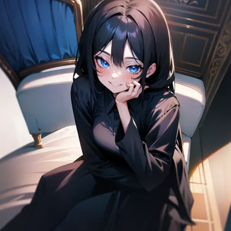 A grinning girl，Dark black hair，Bright blue eyes，Black velvet shirt，Black silk long dress，Sit in a chair in front of the camera，The girl holds her face in one hand，A teasing smile