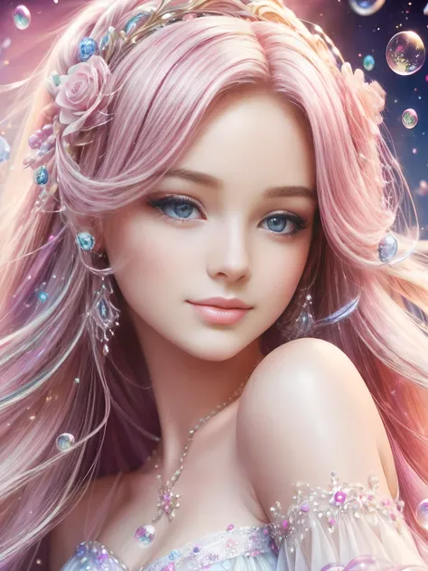 ((Masterpiece)). This artwork is sweet, Dreamy and ethereal, （Barbie pink background：1.5），barbiecore，A princess，cabellos largos dorados，Kizi，Delicate face, Soft pink watercolor toned candy accent，(Bubblegum world with a variety of pastel shades). Her sweet...