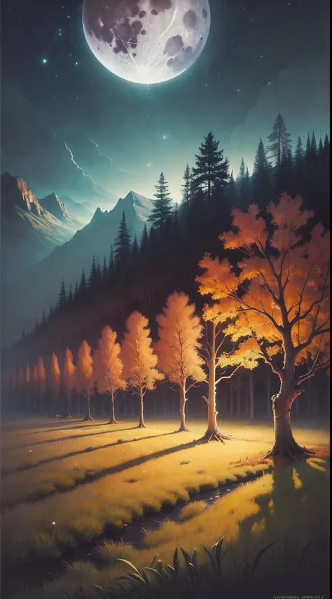 there is a painting of a field with trees and a full moon, digital art by Vladimir Kush, tumblr, digital art, autumn night, calm night. digital illustration, moonlit night dreamy atmosphere, whimsical fantasy landscape art, moon landscape, surreal gedimina...