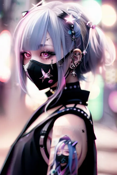 Pink hair、goth_punk, 1girl in, 独奏, medium shot, Walking in Harajuku, ((during night)), bokeh dof, neon light, iridescent eyes, starrysky, White sparkling hair, White eyebrows, Radiant hair, (iridescent white hair), 耳Nipple Ring, bangss, jewely, masks, blun...