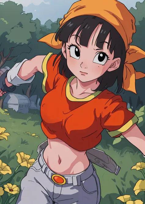 masterpiece, best quality, highest quality,perfect anatomy, perfect face, perfect eyes, pandballgt, 1girl, black eyes, black hair, short hair, orange bandana, pants, fingerless gloves, red shirt, crop top, outdoors, child female, big boobs