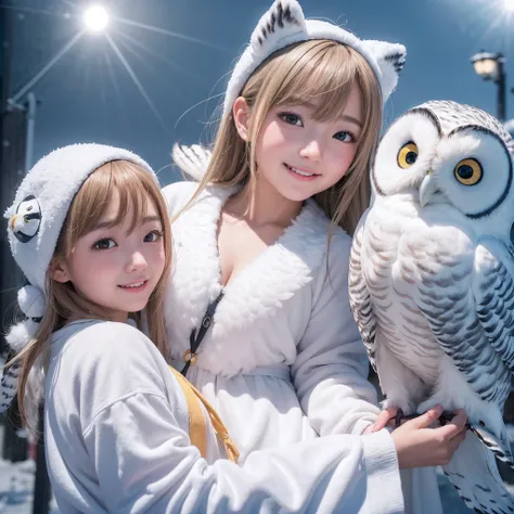 (8K、RAW Photos、top-quality、​masterpiece:1.5)、(realisitic、Photorealsitic:1.5)、ultra-detailliert、超A high resolution、lighting like a movie、(((Idols who love snowy owls)))、(((Japan 16 year old girls)))、(((Wearing a cute costume with a snowy owl motif)))、(A lot...