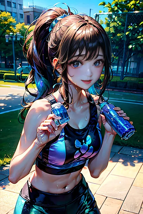 Girl running in the park,(((Drink bottled water))),Big balls of sweat,(Expressed with a glossy iridescent metallic luster、Bright sports bra and leggings.:1.3).Glossy light brown and orange striped shorthair,disheveled ponytail,Swaying breasts、Lovely woman,...