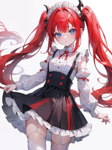 red hair,blue eyes,twintails,maid, long hair, long sleeves, gothic, solo, loli,Short skirt, white stockings,{{best quality}}, {{masterpiece}}, {{ultra-detailed}}, {illustration}, {detailed light}, {an extremely delicate and beautiful},little girl,cute,drag...