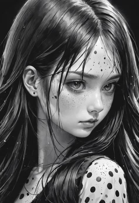 Beautiful girl with long black hair::style Pencil drawing style、Dots with shades of black、Highly detailed、Photorealsitic、glitched、highcontrast、Beautiful fece ::seed1000