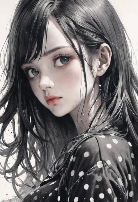 Beautiful girl with long black hair::style Pencil drawing style、Dots with shades of black、Highly detailed、Photorealsitic、glitched、highcontrast、Beautiful fece ::seed1000