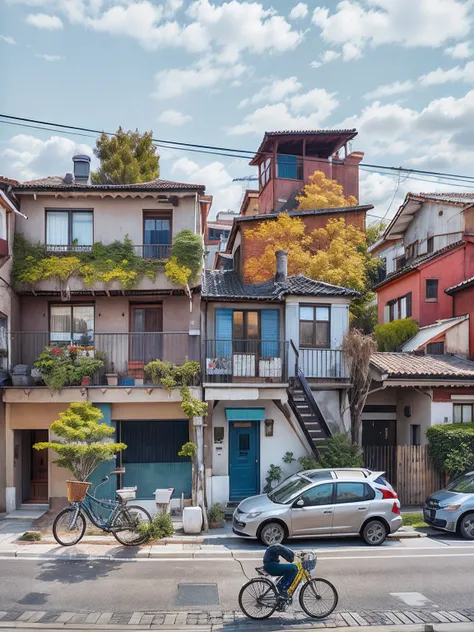 Houses with peripheral coatings with metal connections in their structures, ceramic street, bicicleta colorida, sem carros, casas luxuosas