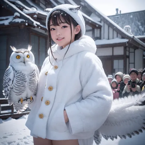 (8K、RAW Photos、top-quality、​masterpiece:1.5)、(realisitic、Photorealsitic:1.5)、ultra-detailliert、超A high resolution、lighting like a movie、(((Idols who love snowy owls)))、(((Japan 16 year old girls)))、(((Wearing a cute costume with a snowy owl motif)))、(A lot...