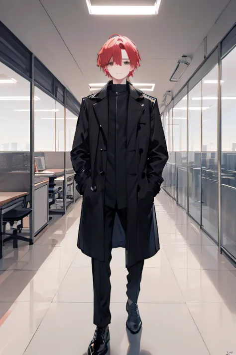 1 Boys，red tinted hair，a black trench coat，Gatling，scyscraper，office room