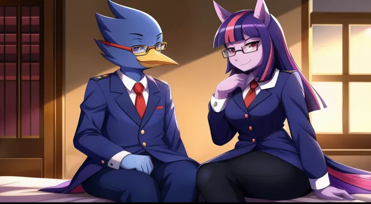 Twilight Sparkle (purple body):anthro sitting in a bedroom, wearing a uniform, with a smirk, showcasing moe anime style. Beside her is Berdly (blue body), a male character from Deltarune with glasses and bird-like features. Both characters have thick thigh...