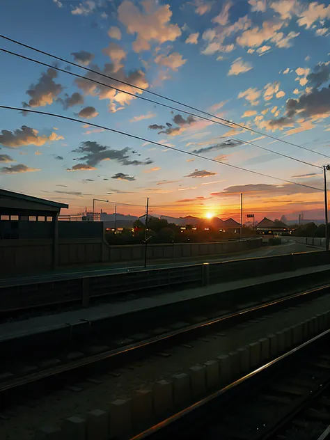 Alafid view of train tracks with sunset as background, Early morning sunrise, the sun up on the sky is strong, beautiful sunrise, The sun is setting, Sunset in the background, Morning sunrise, golden hour in beijing, sun setting in the background, Sunset i...