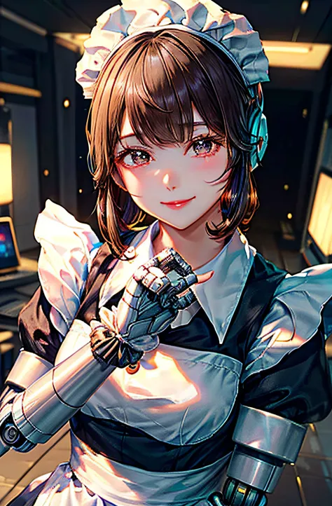 Cybernetic arm and glowing robot cyber girl,(Sheer and revealing costumes:1.3, ),(Maid robot cyber girl in fluffy maid clothes:1.3), (Robot shining behind:1.3),Powerful maid robot working in a robot factory,Glossy light brown and orange striped shorthair,C...