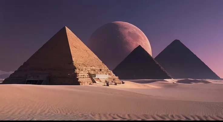 desert, pyramid, cyberpunk, futuristic world, pink moon, two moons,glddrp, scenery shot:1.2,