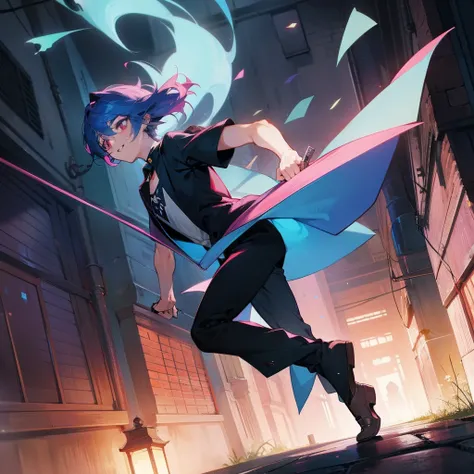 male character, animesque, Popular Characters, Official Visual, Detailed artwork, Dynamic Angle, Beautiful visuals, fullllbody, bromide, 1boy, pixiv popularity, fanart, Navy blue hair, Pink eyes, Outer hair 1:3, Medium hair, Bunched hair, Beautiful young m...