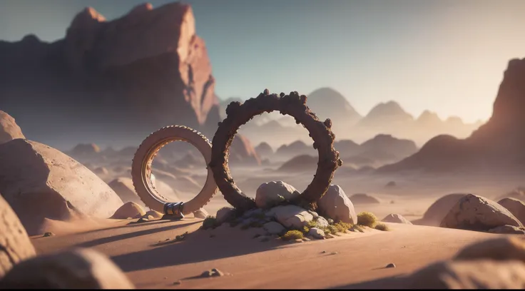 Fantasy Desert, Desert Mountain, Halo ring (Masterpiece, Best Quality, High Quality, Highres:1.4), Detailed, Extremely Detailed, Ambient Soft Lighting, 4K,Blurry, Blurry Background, Depth of Field, Bokeh, DOF, Fog, Bloom Outdoors, (Nature, fantasy Desert:1...