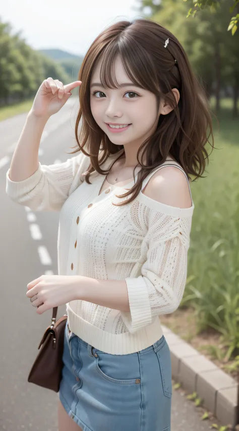 one girls、wavy curly hair、country roads, happy smiling face, brown hair,