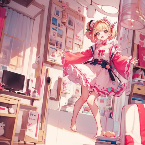 very cute female child:1.5,10 yo,Clothes with peach-colored ruffles:1.8, Barefoot, Summer,action:1.6,dynamic pose,dynamic angle,dutch angl,low angle,full body shot,medium shot,flat chest:1.5,nsfw:1.3, Cute PINK Living room:1.8,4K, (Raw photo: 1.2), (masute...