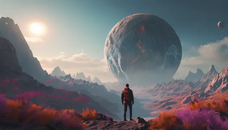 arafed view of a man standing on a rocky mountain with a planet in the background, concept art wallpaper 4k, 4k highly detailed digital art, 8k hd wallpaper digital art, hq 4k phone wallpaper, 8k stunning artwork, wallpaper 4 k, wallpaper 4k, artgem and be...