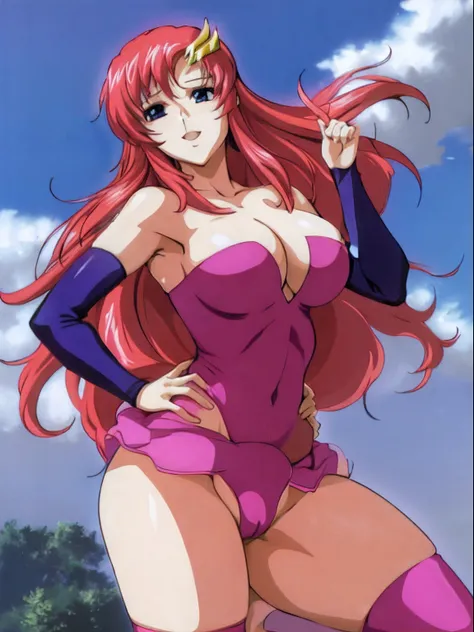 (masterpiece, 4K, Best Quality, Anime style: 1.9, bold drawing lines, High color saturation, Detailed face, tall, Adult Woman, lovely, (cloud background), Drawing lines, high resolution, Anime, lacus4), 1girl in, Solo, curvy figure, Long hair, 鎖骨, scapular...