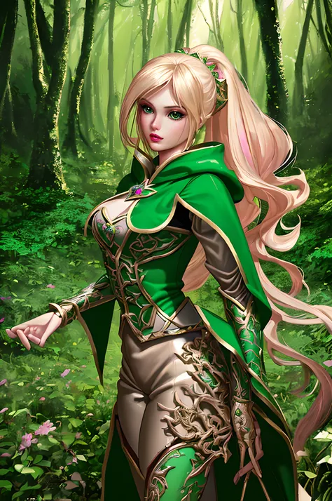 an oil painting of Barbie as fantasy ranger, ultra detailed face, ultra feminine, wearing green cloak, in  a forest, D&D art, RPG art, ultra best realistic, best details, best quality, 16k, [ultra detailed], masterpiece, best quality, (extremely detailed),...