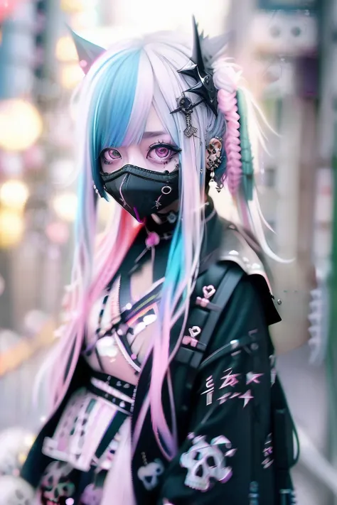 🏴‍☠️、skull、☠️、Green hair color、❤️、Pink hair、blue hairs、Colorful Hair Color、goth_punk, 1girl in, 独奏, medium shot, Walking in Harajuku, ((during night)), bokeh dof, Neon light, Iridescent eyes, starrysky, White shiny hair, White eyebrows, Radiant hair, (irid...