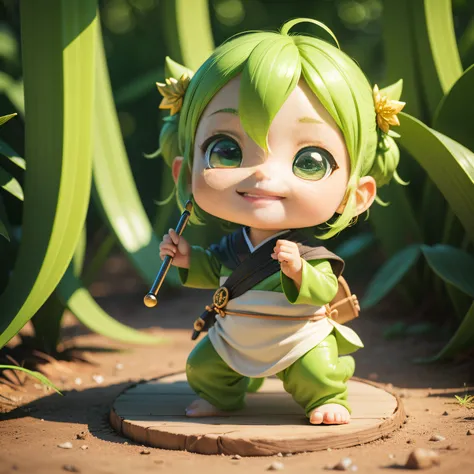 Cute Baby Chibi Anime、(((chibi 3d))) 、(Best Quality), (masutepiece)、Chibi Yokai、Green slimy skin、Reptile green face、Green cane、fairy tale forest、Green fruits grow、Smile happily