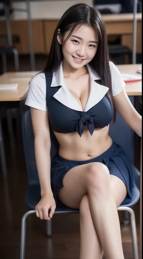 HD 8K, extremely Realistic, ( huge boobs 3.0 ), sexy , korean girl, 17 years old, wet, cute , long sock , detailed body, smile, huge thigh ,  wet body ,, high school uniform, , hairy. in class ,, photography 3.0 , sitting at chair in class , detail finger,...