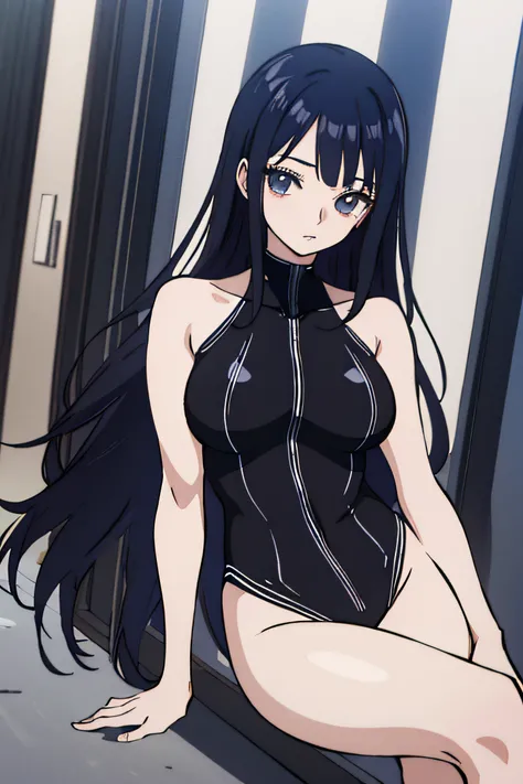 masterpiece, ultra detailed, high quality, best quality, ultra detailed painting, 8K cg scene, anime girl, 1girl, black long hair, beautiful face, pretty, sexy, bodysuit, thighs, leaning